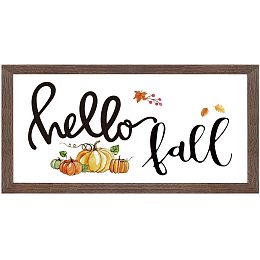 FINGERINSPIRE Hello Fall Art Sign Solid Wood Framed Block Sign Pumpkin Pattern Funny Farmhouse Decor Sign with Arylic Layer 13x7 Inch Large Hangable Wooden Frame for Home Decor