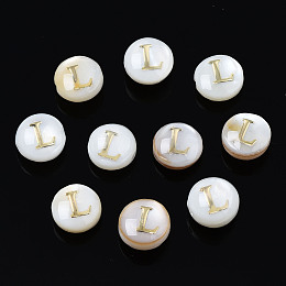 Honeyhandy Natural Freshwater Shell Beads, with Golden Plated Brass Etched Metal Embellishments, Flat Round with Letter, Seashell Color, Letter.L, 6x4mm, Hole: 0.8mm