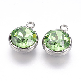 Honeyhandy K9 Glass Rhinestone Pendants, August Birthstone Charms, with 304 Stainless Steel Findings, Flat Round, Light Green, 18x14x9mm, Hole: 2.5mm