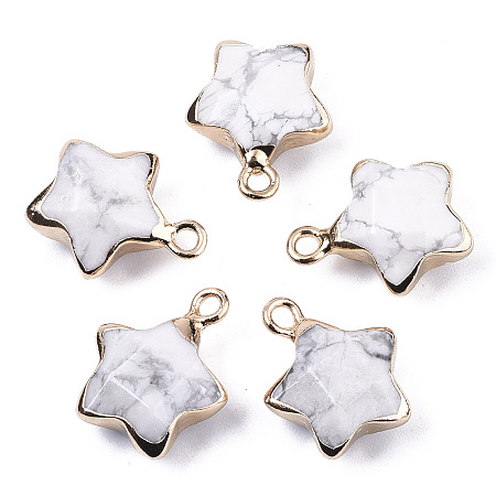 Honeyhandy Natural Howlite Pendants, with Light Gold Plated Edge and Brass Loop, Star, Faceted, 16~17x13x6.5mm, Hole: 1.6mm