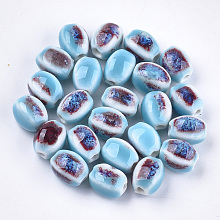 Honeyhandy Handmade Porcelain Beads, Fancy Antique Glazed Porcelain, Oval, Light Sky Blue, 12~14x9~10.5x9~11mm, Hole: 2.5mm