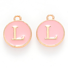 Honeyhandy Golden Plated Alloy Enamel Charms, Cadmium Free & Lead Free, Enamelled Sequins, Flat Round with Letter, Pink, Letter.L, 14x12x2mm, Hole: 1.5mm