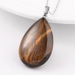 Honeyhandy Teardrop Platinum Tone Brass Tiger Eye Pendants, 41~43x23~25x11~13mm, Hole: 5mm