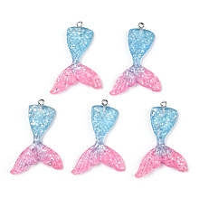 Honeyhandy Resin Pendants, with Glitter Powder and Iron Findings, Mermaid Tail Shape, Platinum, Hot Pink, 46x30x6mm, Hole: 2mm