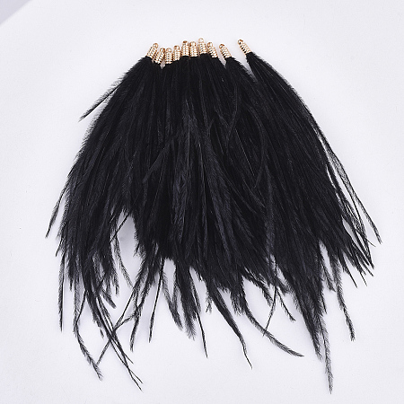 Arricraft Ostrich Feather Tassel Big Pendant Decorations, with Brass Findings, Golden, Black, 130~170x4mm, Hole: 1.6mm