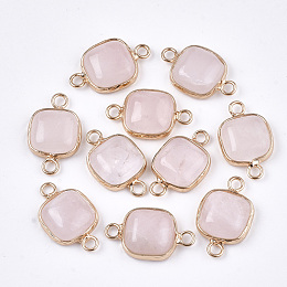 Honeyhandy Natural Rose Quartz Links connectors, with Brass Findings, Square, Golden, 21x13x5~5.5mm, Hole: 2.5mm