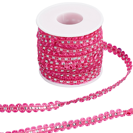 Gorgecraft 25M Metallic Yarn Lace Ribbons, Jacquard Ribbon, Garment Accessories, Fuchsia, 1/4 inch(8mm)