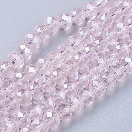 Glass Beads Strands, Pearl Luster Plated, Crystal Suncatcher, Faceted Rondelle, Pink, 8x6mm, Hole: 1mm; about 68~70pcs/strand, 15