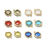 Glass Links connectors, with Golden Tone Brass Findings, Faceted, Square, Mixed Color, 15x9x3mm, Hole: 0.5mm