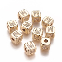 Honeyhandy Brass Micro Pave Cubic Zirconia Beads, Horizontal Hole, Real 18K Gold Plated, Long-Lasting Plated, Cube with Letter, Clear, Letter.M, 9x9x9mm, Hole: 3.5mm
