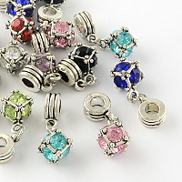 Honeyhandy Large Hole Cube Alloy Rhinestone European Dangle Charms, Antique Silver, Mixed Color, 15x12x12mm, Hole: 4mm