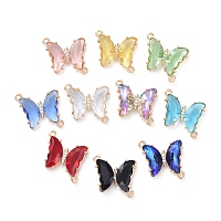 Honeyhandy Glass Links Connectors, with Brass Micro Pave Cubic Zirconia, Faceted, Butterfly, Light Gold, Mixed Color, 20x20x4mm, Hole: 1.5mm