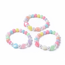 Honeyhandy Kids Acrylic Beaded Stretch Bracelets, with Round Eco-Friendly Plastic Imitation Pearl and Heart AB Color Plated Opaque Acrylic, Mixed Color, 1-5/8 inch(4.3cm)