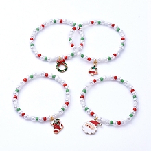 Honeyhandy Christmas Theme Stretch Charm Bracelets, with Glass Seed Beads, Acrylic Imitation Pearl Beads and Alloy Enamel Pendants, Mixed Shape, Mixed Color, Inner Diameter: 2-3/8 inch(6cm)