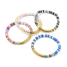 Honeyhandy Stretch Bracelets, with Polymer Clay Heishi Beads and Non-magnetic Synthetic Hematite Beads, Mixed Color, Inner Diameter: 2-1/8 inch(5.5cm)