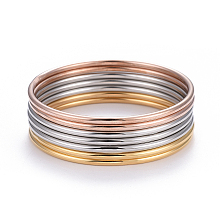 Honeyhandy Fashion Tri-Color 304 Stainless Steel Buddhist Bangle Sets, Multi-color, 2-1/2 inch(6.5cm), 7pcs/set