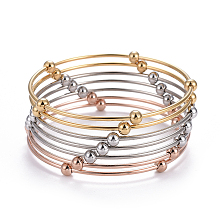 Honeyhandy Fashion Tri-color 304 Stainless Steel Bangle Sets, with Round Beads, Multi-color, 2-5/8 inch(6.8cm), 7pcs/set