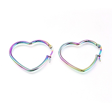 Honeyhandy 201 Stainless Steel Hoop Earrings, with 304 Stainless Steel Pin, Hypoallergenic Earrings, Heart, Rainbow Color, 37x30x2mm, 12 Gauge, Pin: 0.7mm