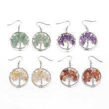 Honeyhandy Dangle Earrings, with Natural Gemstone Beads and Brass Hooks, Ring with Tree of Life, 50mm, Pin: 0.6mm