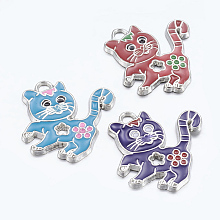 Honeyhandy Alloy Enamel Kitten Pendants, Cadmium Free & Lead Free, Cartoon Cat with Flower Shape, Platinum Color, Mixed Color, 27x24x2mm, Hole: 3mm