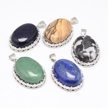 Honeyhandy Natural & Synthetic Mixed Stone Pendants, with Brass Findings, Oval, Platinum, 30x21x10~11mm, Hole: 6x4mm