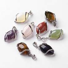 Honeyhandy Natural Mixed Stone Pendants, with Brass Rhinestone Findings,  Horse Eye, 36x17.5x7~9mm, Hole: 2.5x4mm