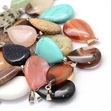 Honeyhandy Teardrop Natural & Synthetic Mixed Stone Pendants, with Platinum Tone Brass Findings, 25~29x16~17x5~6mm, Hole: 2x7mm