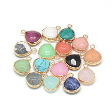 Honeyhandy Natural & Synthetic Mixed Stone Pendants, with Nickel Free Brass Findings, Faceted, teardrop, Golden, Mixed Color, 17.5x13.5x6.5mm, Hole: 2mm