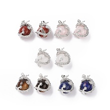 Honeyhandy Mixed Natural Gemstone Pendants, with Platinum Plated Brass Findings, Dragon with Round Beads, 31x18mm, Hole: 4mm.