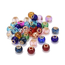 Honeyhandy Glass European Beads, with Golden Plated Brass Double Cores, Large Hole Beads, Rondelle, Mixed Color, 15x11mm, Hole: 5mm