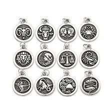 Honeyhandy Brass Pendant Sets, with Jump Rings, Long-Lasting Plated, Flat Round with 12 Constellation/Zodiac Sign, Antique Silver, 18.5x15x2mm, Hole: 3.6mm, 1pc/constellation, 12pcs/set