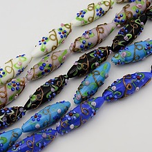 Honeyhandy Handmade Bumpy Lampwork Rice Beads Strands, with Flower Pattern, Mixed Color, 40~45x13~15mm, Hole: 2mm, about 7pcs/strand, 12 inch