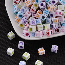 Honeyhandy Acrylic Horizontal Hole Letter Beads, Craft Style, Cube, Mixed Color, about 6mm long, 6mm wide, 6mm thick, hole: 3mm, 2800pcs/500g