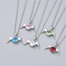 Honeyhandy Brass Cubic Zirconia Pendant Necklaces, with 304 Stainless Steel Cable Chains and Lobster Claw Clasps, Angel Wings, Stainless Steel Color, Mixed Color, 15.7 inch(40cm), 1.5mm