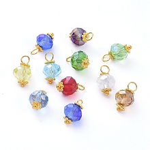 Honeyhandy Electroplate Faceted Glass Charms, with Alloy Flower Daisy Spacer Beads and Brass Findings, Rondelle, Golden, Mixed Color, 13.5x7.5~8mm, Hole: 3mm