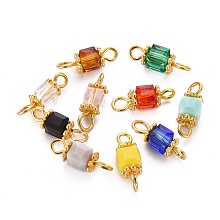 Honeyhandy Faceted Cube Transparent Glass Links Connectors, with Golden Plated Alloy and Brass Findings, Mixed Color, 13x4.3x4.3mm, Hole: 1.6~2.2mm