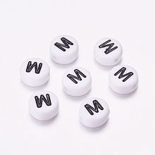 Honeyhandy Acrylic Beads, with Horizontal Hole, Letter, Flat Round, Letter.M, 7x4mm, Hole: 1mm, about 3500pcs/500g