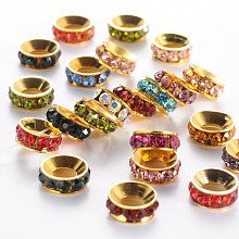 Honeyhandy Grade A Brass Rhinestone Beads, Basketball Wives Spacer Beads for Jewelry Making, Rondelle, Golden, Mixed Color, 10x4mm, Hole: 5mm