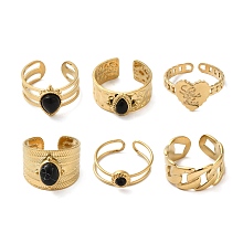 Honeyhandy 6Pcs 6 Style Crown & Teardrop & Heart 304 Stainless Steel Open Cuff Rings Set, Natural Obsidian Stackable Rings, Real 18K Gold Plated, Inner Diameter: 16.7~18mm, 1Pc/style