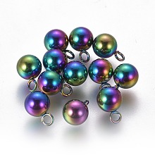 Honeyhandy Ion Plating(IP) 304 Stainless Steel Sphere Charms, Round Ball, Rainbow Color, 8.5x6mm, Hole: 1.6mm