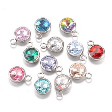 Honeyhandy 304 Stainless Steel Glass Rhinestone Charms, Faceted, Flat Round, Mixed Color, 14x10x7mm, Hole: 2.5mm