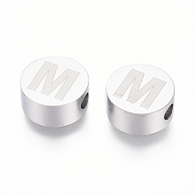 Honeyhandy 304 Stainless Steel Beads, Flat Round with Letter, Letter.M, 10x4.5mm, Hole: 2mm