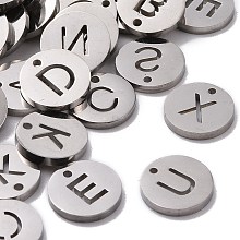 Honeyhandy 304 Stainless Steel Charms,  Flat Round with Letter, Stainless Steel Color, Random Mixed Letters, 10x1mm, Hole: 1mm