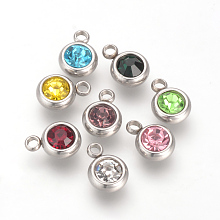 Honeyhandy 201 Stainless Steel Rhinestone Charms, Birthstone Charms, Flat Round, Stainless Steel Color, Mixed Color, 8.5x6x3mm, Hole: 1.5mm