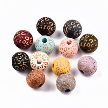 Honeyhandy Painted Natural Wood Beads, Laser Engraved Pattern, Round with Leopard Print, Mixed Color, 10x8.5mm, Hole: 2.5mm