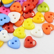 Honeyhandy Acrylic Heart Buttons, Plastic Sewing Buttons for Costume Design, 2-Hole, Dyed, Mixed Color, 14x14x3mm, Hole: 1mm