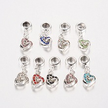 Honeyhandy Heart Antique Silver Plated Alloy Rhinestone European Dangle Charms Large Hole Pendants, Mixed Color, 27x9x4.5mm, Hole: 5mm