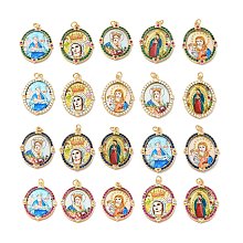 Honeyhandy Brass Micro Pave Cubic Zirconia Pendants, with Jump Ring and Glass, Real 18K Gold Plated, Oval with Virgin Mary, Mixed Color, 31x24x3mm, Jump Ring: 5x0.8mm, Inner Diameter: 3.4mm