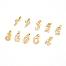 Honeyhandy Real 18K Gold Plated Brass Micro Pave Cubic Zirconia Charms, Number 0~9, Cadmium Free & Nickel Free & Lead Free, Mixed, 11x6~7x1.5~2mm, Hole: 2mm