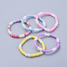 Honeyhandy Eco-Friendly Handmade Polymer Clay Heishi Beads Kids Stretch Bracelets, with Glass Pearl Beads, Mixed Color, 1-3/4 inch(4.5cm)